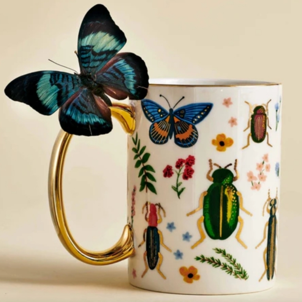 ❤️BUY 2 GET 1 FREE  Colorful Insect and Butterfly Mug with Gold Handle